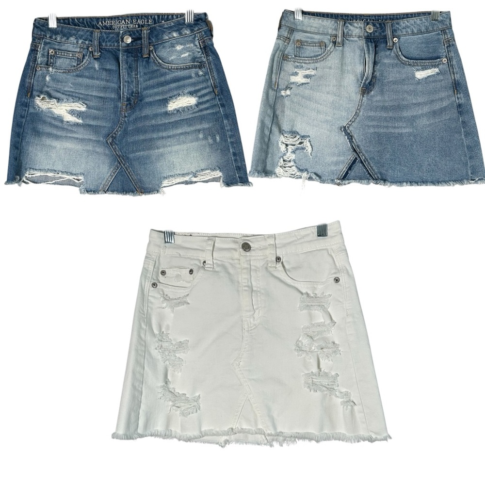 American Eagle Mini Skirts Lot Of 3 Jrs Size 2 Denim Distressed Raw Hem‎ School